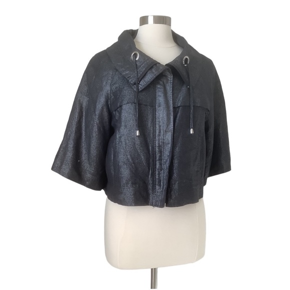 $198 Sandro  Linen Blend Metallic Cropped Swing Moto Jacket M - Picture 15 of 16